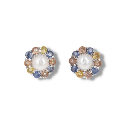 Flower Earrings with Pearls and Sapphires