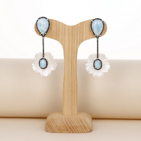 Earrings with Larimar and Mother of Pearl Flower