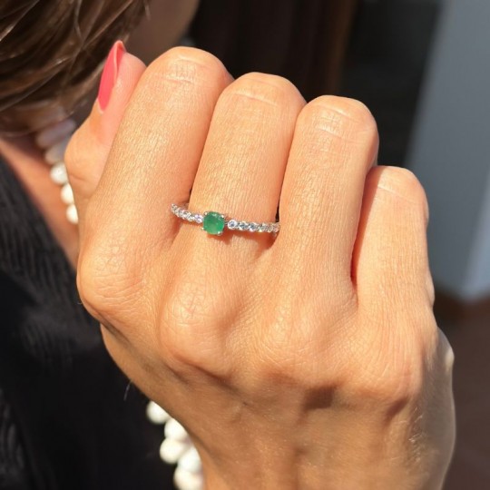 Ring with Synthetic Emerald and Moissanite