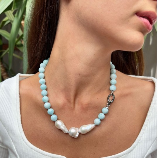 Necklace with Larimar and Perle Barocche (Fiammate)