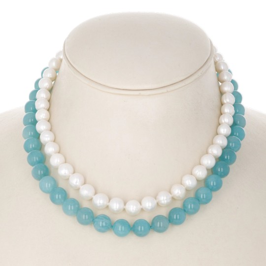 Two Strands Parallel Necklace with Pearls and Amazons