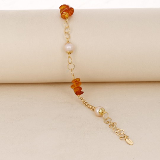 Bracelet with Amber with Chips and Pink Pearls