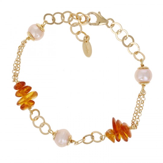 Bracelet with Amber with Chips and Pink Pearls