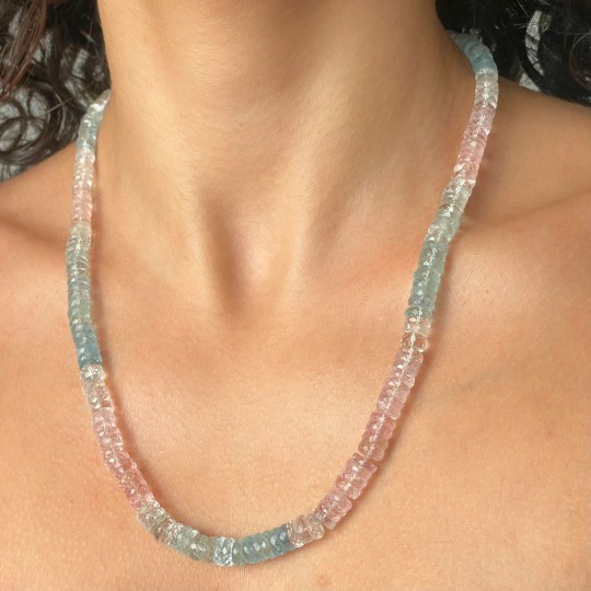 Collana di acquamarina multicolore e morganite a rondella sfaccettata