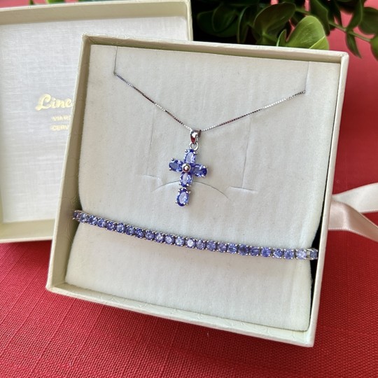 Parure Pendente a Croce e Bracciale Tennis di Tanzanite