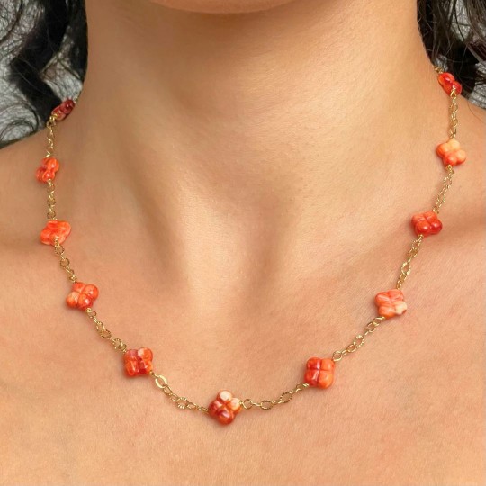 Collier in Argento con Conchiglia Spiny Arancio a Quadrifoglio