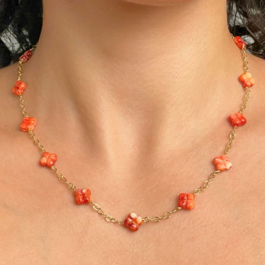 Collier in Argento con Conchiglia Spiny Arancio a Quadrifoglio