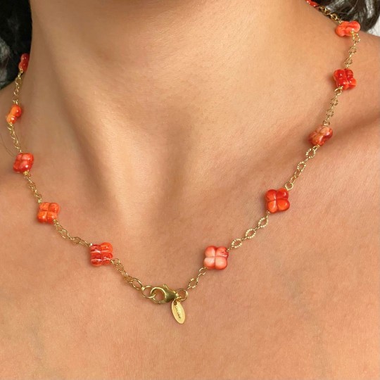 Collier in Argento con Conchiglia Spiny Arancio a Quadrifoglio