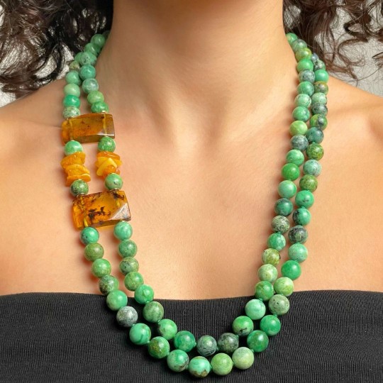 Necklace 2 Parallel Wires Variscite and Amber