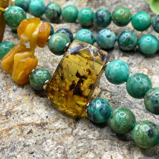 Necklace 2 Parallel Wires Variscite and Amber